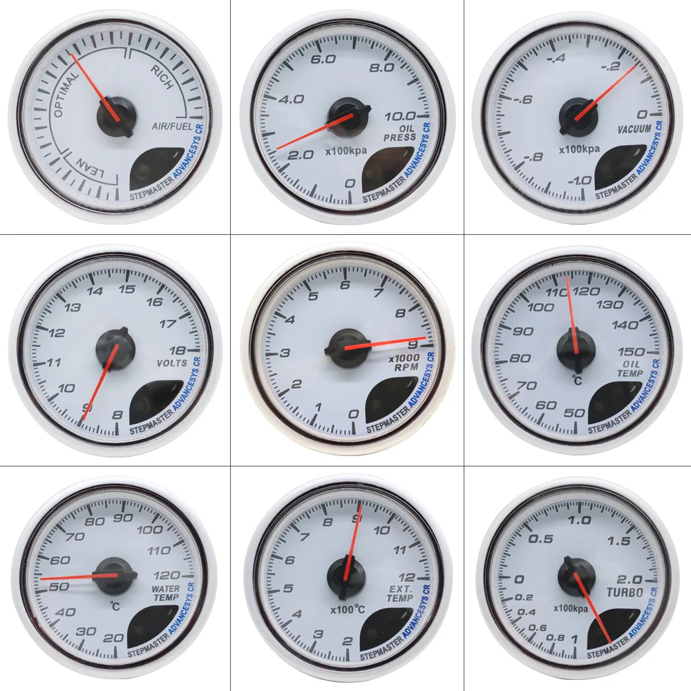 60MM Boost Turbo/Vacuum/Water Temp/Oil Temp/Oil Press/Voltmeter/Air Fuel Ratio/ EGT/Fuel Press/RPM White Face Gauge With Logo