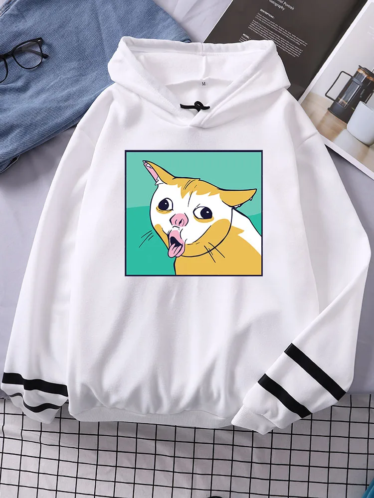 

Coughing Cat Meme Naughty Cartoon Cat Sticking Out Tongue Women Clothes Fashion Hip Hop Hoodies O-Neck Womans Splicing Pullover