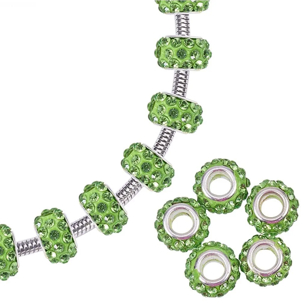 

100 Pcs Polymer Clay Crystal Rhinestone European Beads Large Hole fit Charm Bracelet Peridot 11-12mm in Diameter