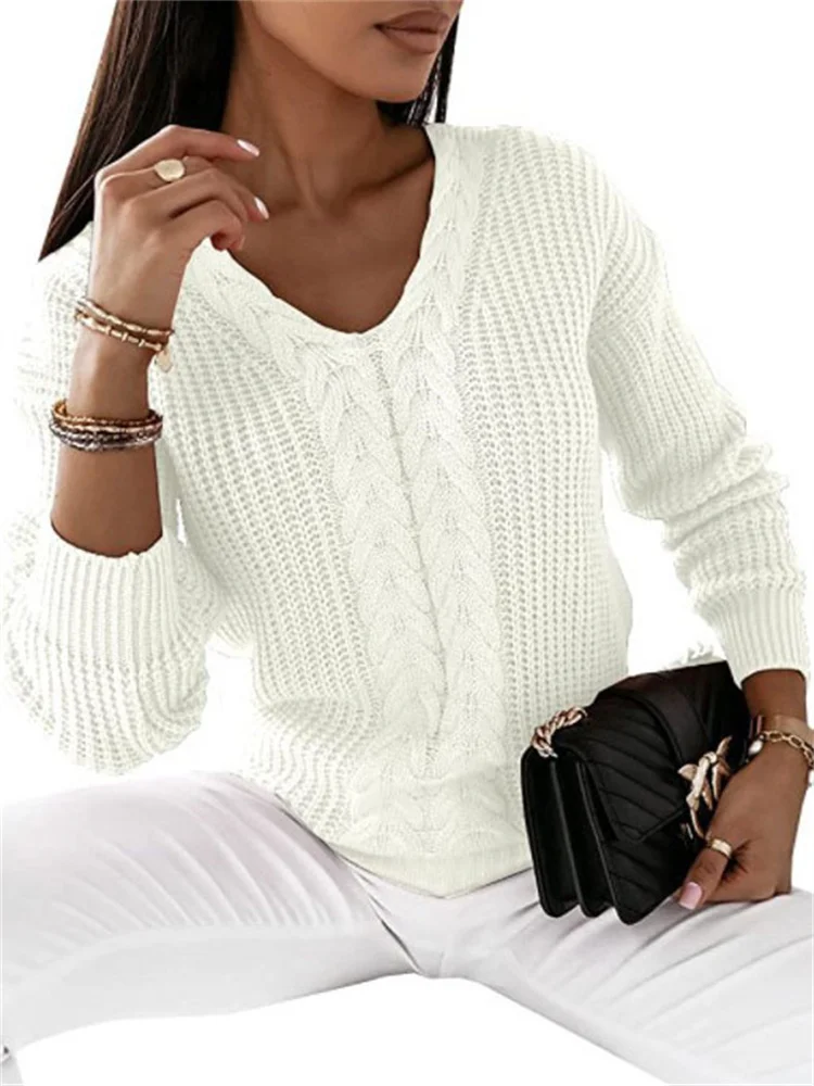 

Sweater Women White Short V Neck Slim 2023 Autumn Winter New Fashion Casual Knitted Sweater