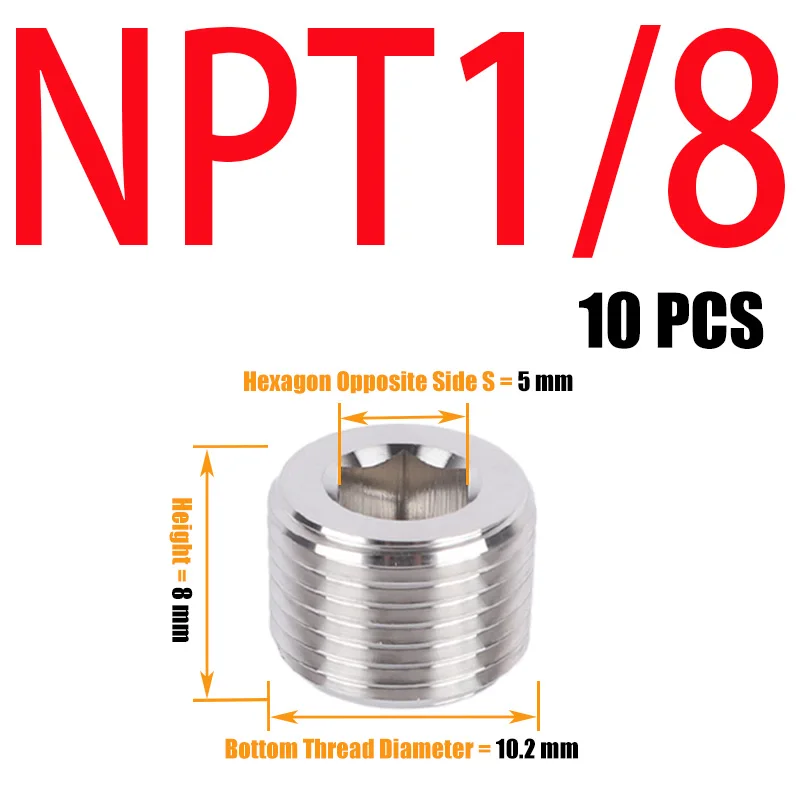 

NPT шестигранный штекер NPT1/8 1/4 "3/8" 1/2 "304 нержавеющая сталь, шестигранный пневматический Фиттинг, заглушка
