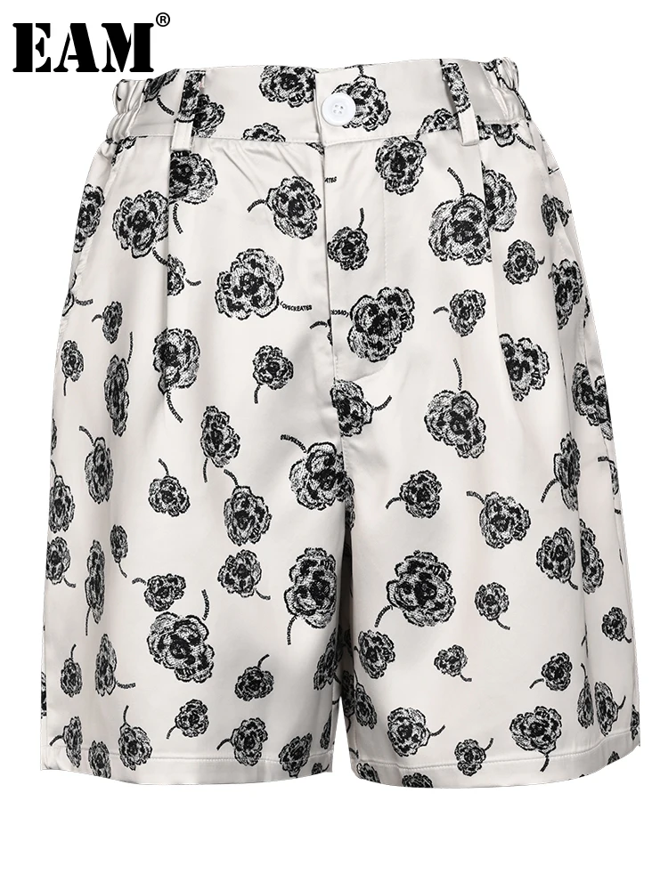 

[EAM] Women Apricot Pattern Printted Casual Wide Leg Shorts New High Waist Trousers Fashion Tide Spring Summer 2023 CPG01342