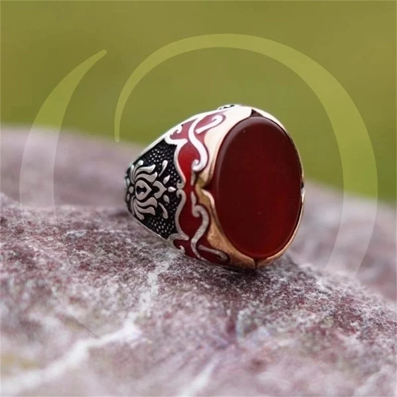 

Natural Ruby Art Carved Men's Rings For Man European Style Classical New Banquet Jewelry Punk Style Personality Ethnic Ring
