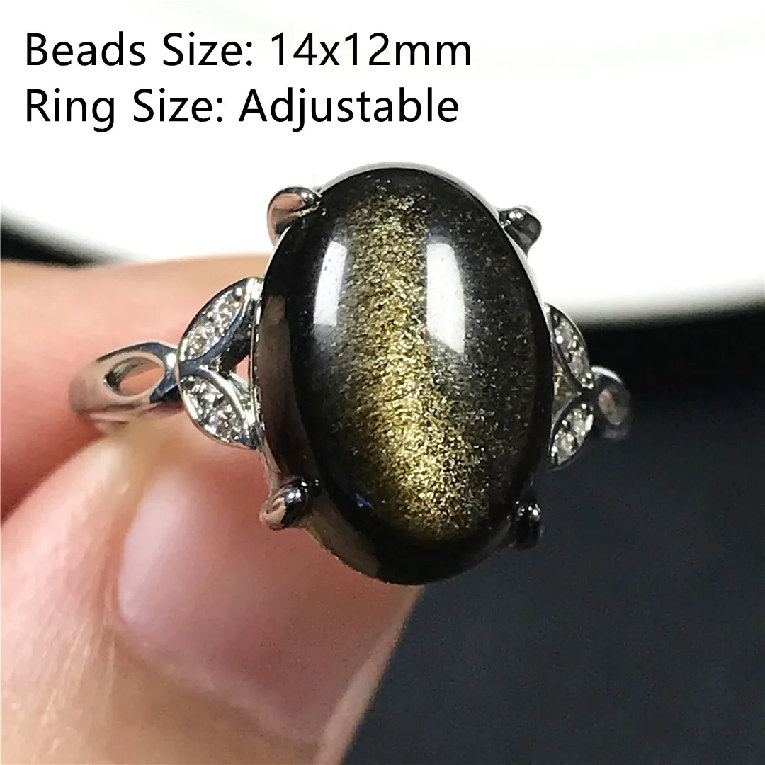 

Natural Gold Obsidian Ring Sterling Silver For Women Men Wealth Gift Energy Crystal Stone Beads Adjustable Ring Jewelry AAAAA