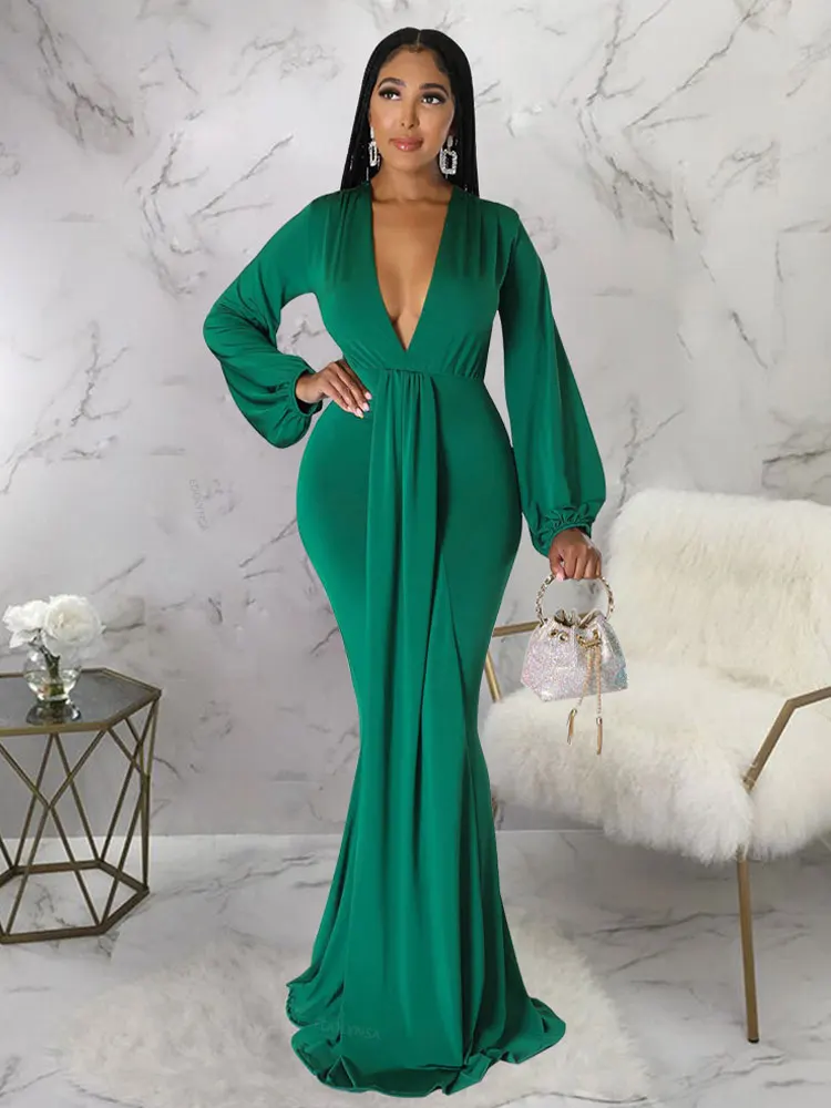 

Женское облегающее платье до пола, элегантное платье с глубоким V-образным вырезом и рукавами-фонариками для выпускного вечера, свадьбы, веч...