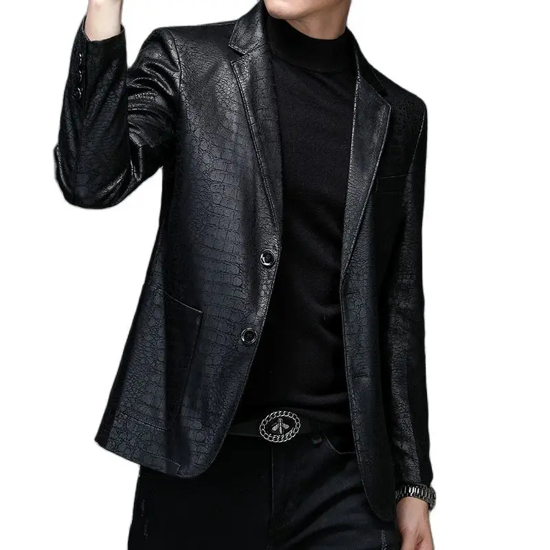 2023 Men's New Spring Autumn Vintage Soft Faux Leather Jackets Male Classic Slim Fit Crocodile Pattern Suit Black Blazers Coats
