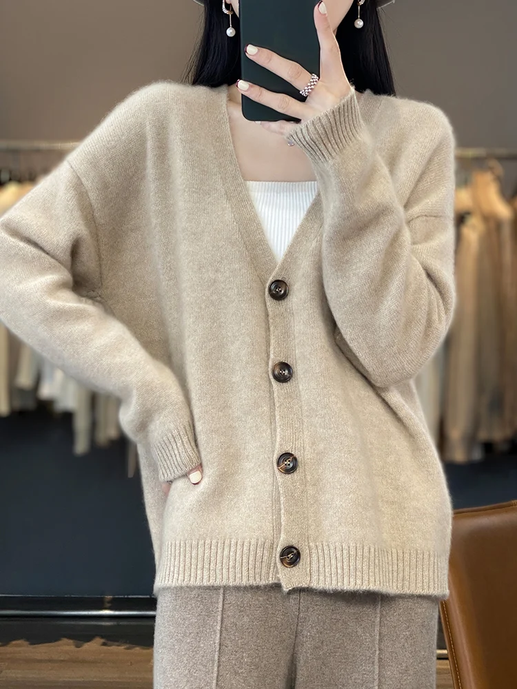 

2023 New Autumn And Winter Women's 100% Merino Wool Sweater Cardigan V-Neck Solid Color Loose Knitted Jacket Top