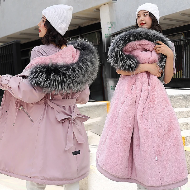 

2021 Women Fashion Long Lamb Hair Liner Parker Cotton Jacket Coat New Warm Women's Winter Jackets Belt Big Faux Fur Coats Parkas