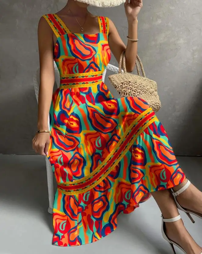 

Платье-Макси женское с квадратным вырезом, элегантное модное стильное платье без рукавов, с абстрактным принтом сердец, юбка для отпуска, лето 2023
