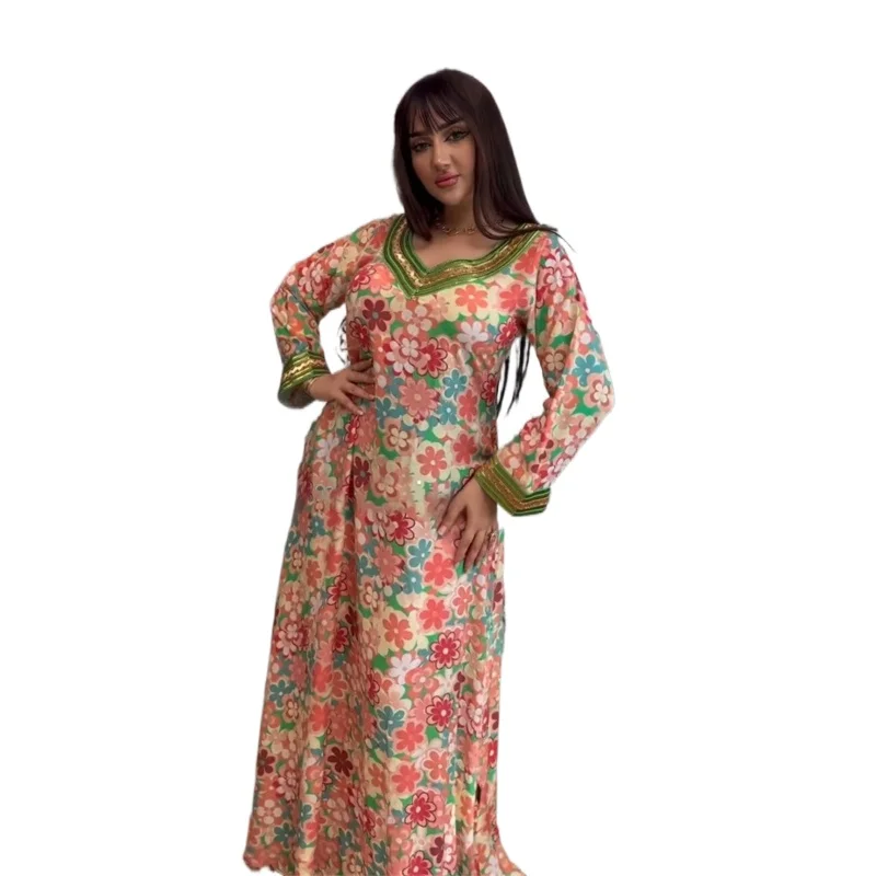 

Modest Muslim Fashion Jalabiya Chic Gold Tape Contrast Color Trim Sweetheart Neck Dubai Moroccan Floral Abaya Dress Eid