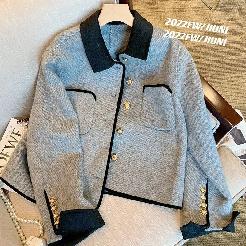 

Short Grey Quilted Coats Vintage Women Clothing Contrast Lapel Woolen Jacket Autumn Winter Coats Harajuku Jaquetas Chaqueta