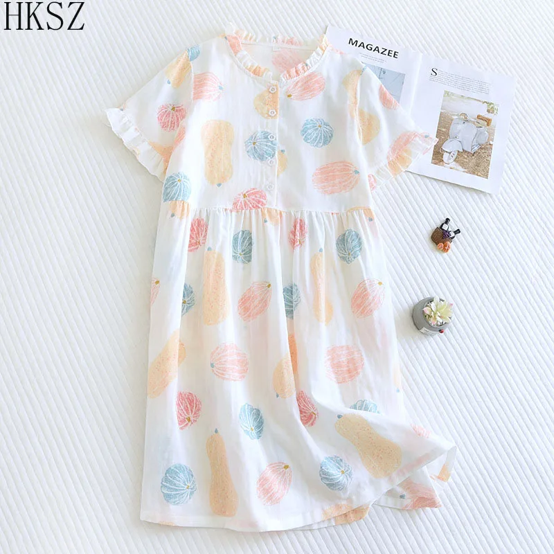 

Summer Cotton Double-layer Gauze Women Nightdress New Japanese Sweet Flower Short Sleeve Pullover Medium Long Casual Home Skirt