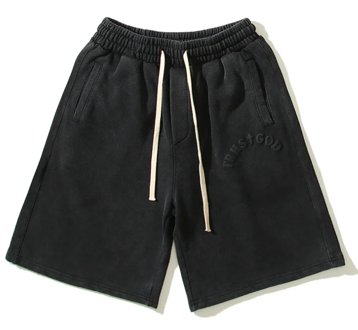

Kanye Streetwear Black Washed Shorts Men's INS Foam Printing Baggy Short Sweatpants Vintage Elastic Waist Knee-length Shorts