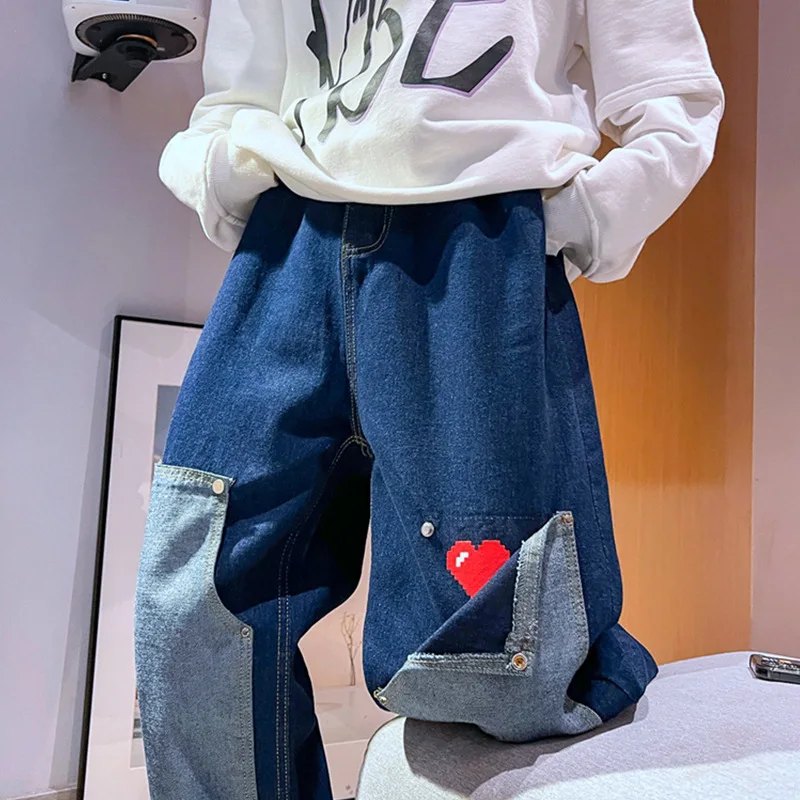 Streetwear Vintage Jeans Men Jeans Summer Pocket Stitching Printing Jeans Men Korean Jeans Casual Mid Waist Denim Straight Pants