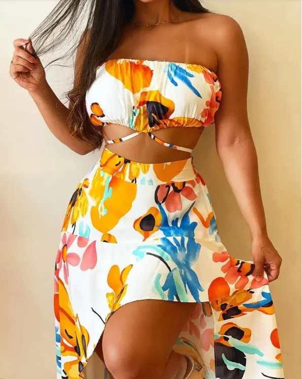 

CHAXIAOA 1 Sets Sexy Vacation Daily Mid-Calf Summer 2022 Women Floral Print Shirred Back Crop Top & Dip Hem Skirt Set