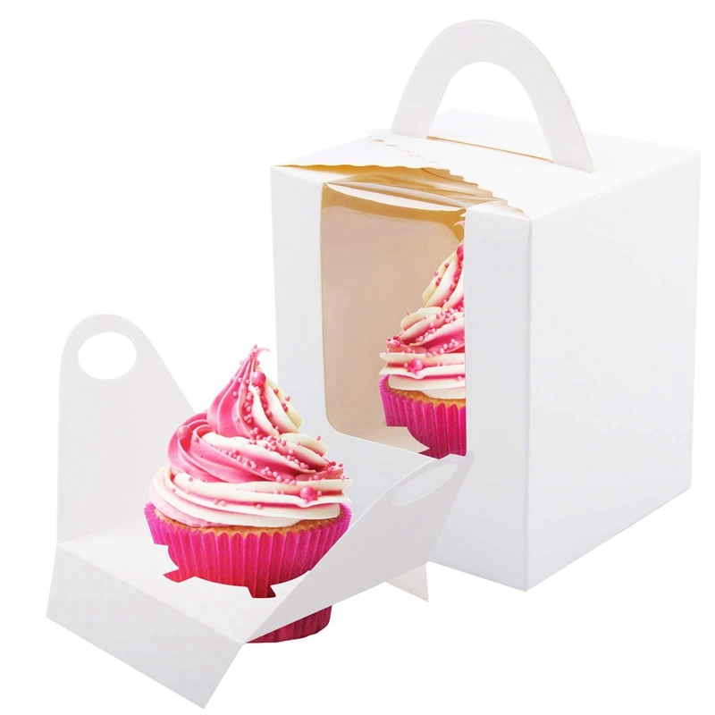 

100 PCS Single Cupcake Boxes White Individual Cupcake Carrier Holders With Window Inserts For Bakery Wrapping Packaging