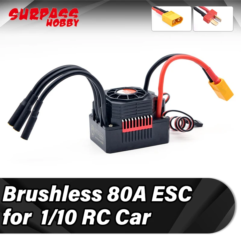 

Surpass Hobby 80A Brushless ESC Waterproof Speed Controller with Programming Card for 1/10 1/12 RC Car 2S-4S Battery XT60 Plug