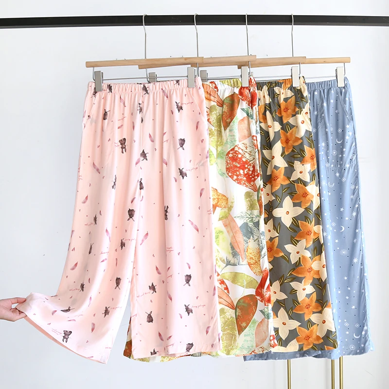 

Летние шелковые укороченные брюки Ancho Verano Suelto Пижама Mujer Seda Пижама для женщин женская пижама атласная одежда для сна Pantalones с широкими штанин...