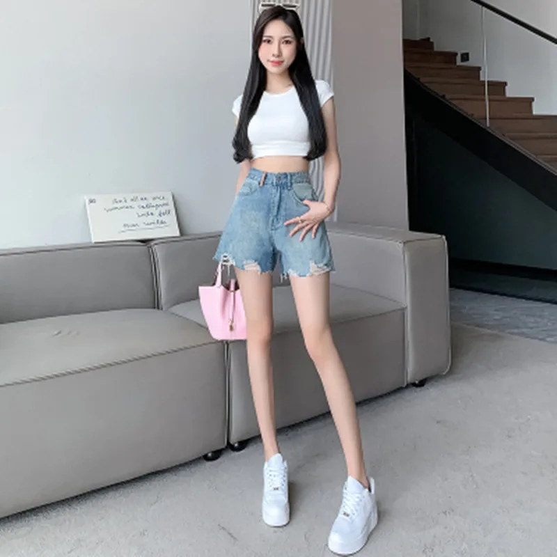 BULOCHOVA New Fashion Summer Blue High Waist Loose Hole Denim Shorts Women Wide Leg Hot Short Pants Jeans Female Large Size 2023
