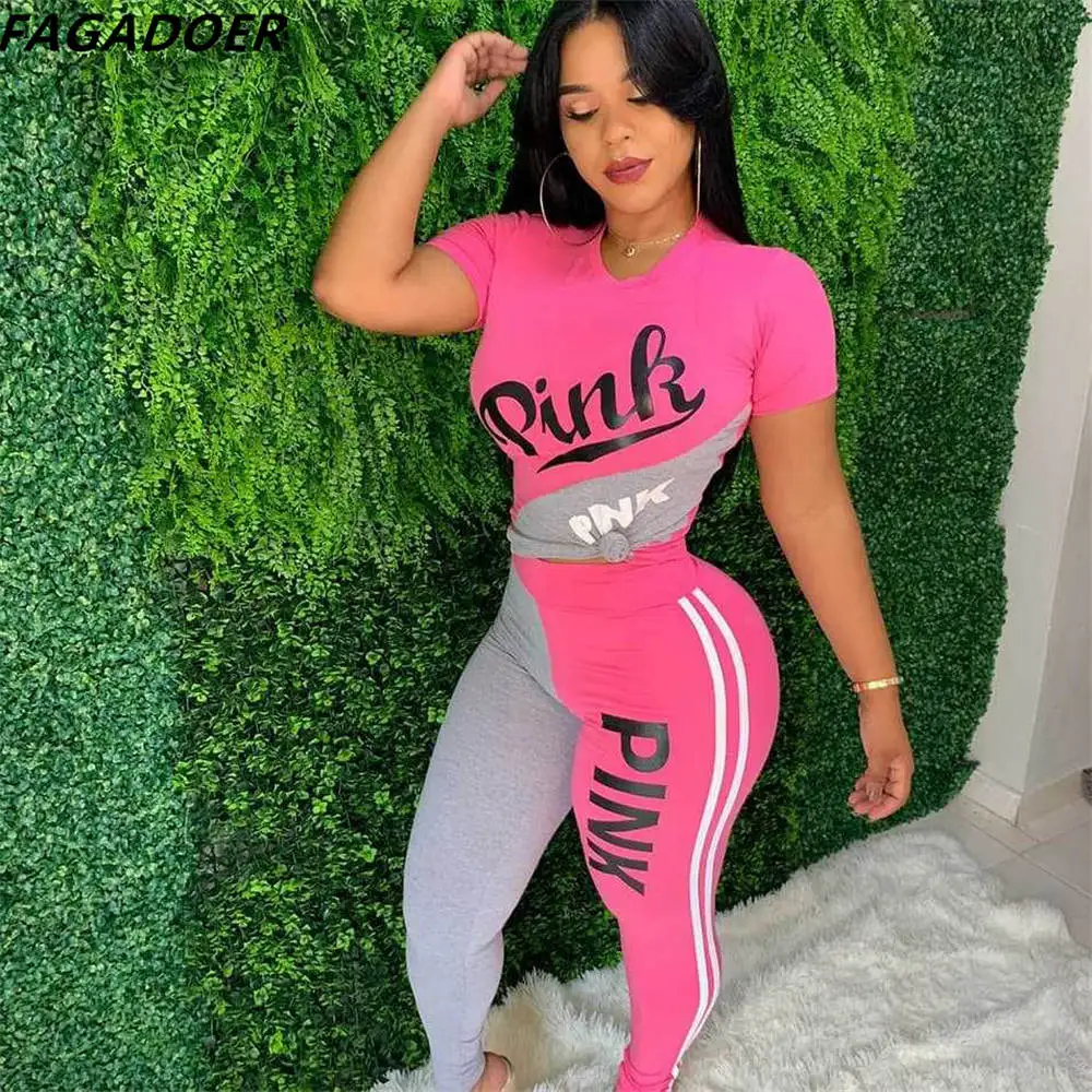 

FAGADOER PINK Letter Print Tracksuits Women Color Patchwork Short Sleeve Tshirt + Pants Two Piece Set Casual Sporty 2pcs Outfits