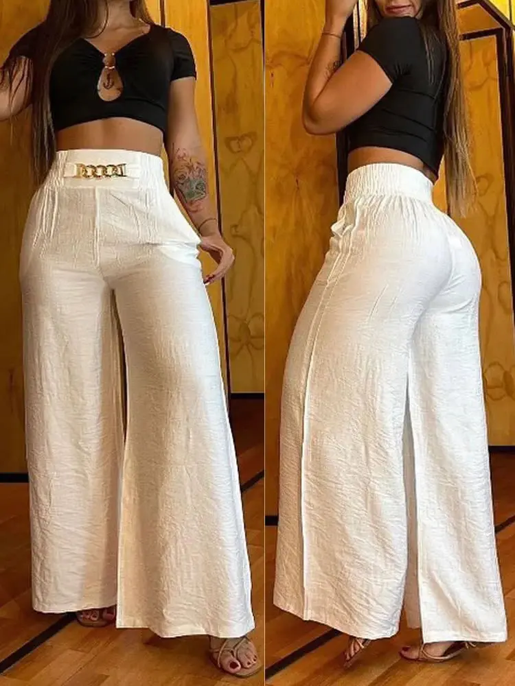 

Chic Women Vintage Cotton Linen Leggings Chain High Waist Baggy Trousers Wide Leg Long Oversize Parachute Ladies Pants Clothes