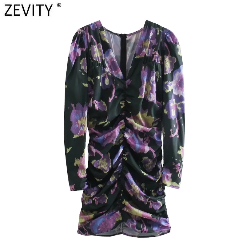 

ZEVITY Women Vintage Ink Painting Graffiti Print Pleated Mini Dress Office Ladies V Neck Puff Sleeve Back Zipper Vestidos DS9282