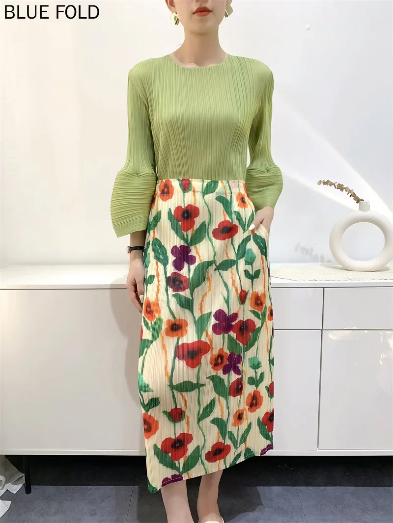 MIYAKE плиссированная юбка летняя женственная повседневная с разрезом и принтом