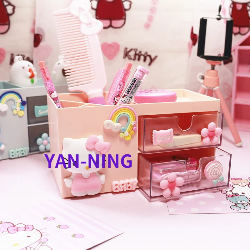 Cute Cartoon Drawer-Style Cosmetics Collection Box Pink Girl Dormitory Finishing Skin Care Plastic Shelf Pen Barrel