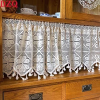 american country crochet tassel hollow short curtains for kitchen manual rhombus linen four leaf clover half curtains a050