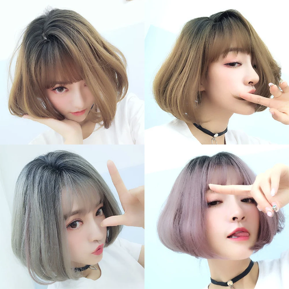 Short Straight Synthetic Wig with Bangs Bob Wigs for Women Lolita Cosplay Party Natural Daily Heat Resistan Hair Ombre