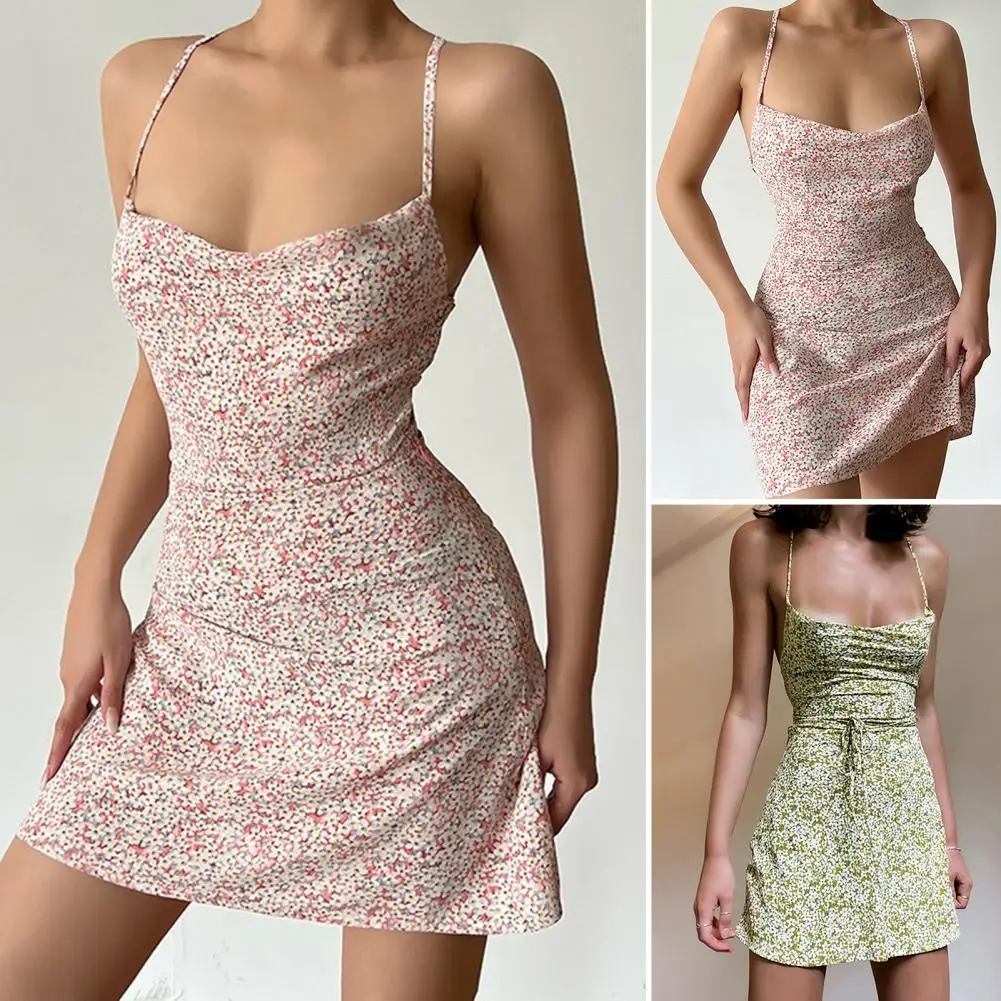 

Low Collar Sleeveless Backless Cross Bandage Sling Dress Summer Simple Floral Print Mini Dress Streetwear