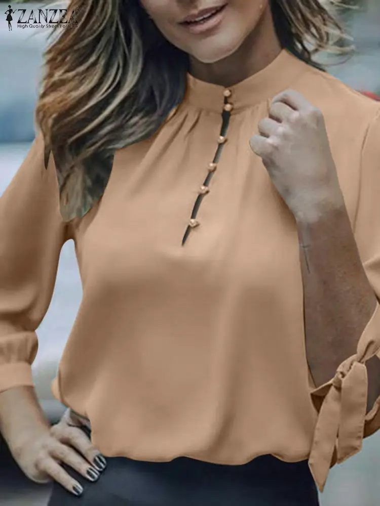 

Осенняя офисная рубашка, блузка, ZANZEA, модная, женская, повседневная, на пуговицах, на шнуровке, вечерние, Blusas Mujer, с рукавом 3/4, элегантные, офисные, женские топы