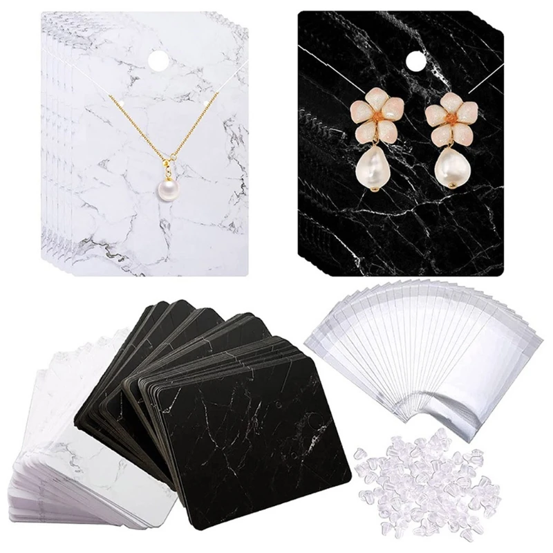 

Marble Earring Necklace Display Card Holder Set 200Pcs Jewelry Display Cards 200Pcs Self-Seal Bags 400Pcs Earring Backs