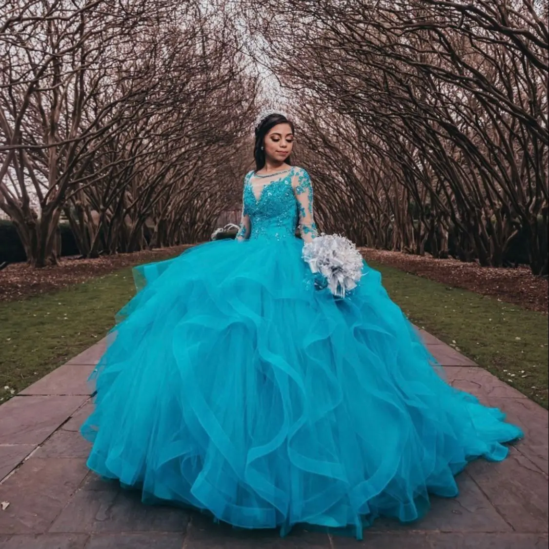 

Dreamy Princess Quinceanera Dress 2022 Sheer Neck Long Sleeve Lace Appliques Sequins Tiered Sweet 16 Gown Vestidos De 15 Años