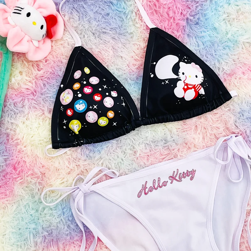 

Sanrio Kawaii Anime Hellokitty Swimsuit Summer New with Chest Pad Hanging Neck Bra Tie Low Waist Briefs Sexy Seaside Bikini Gift