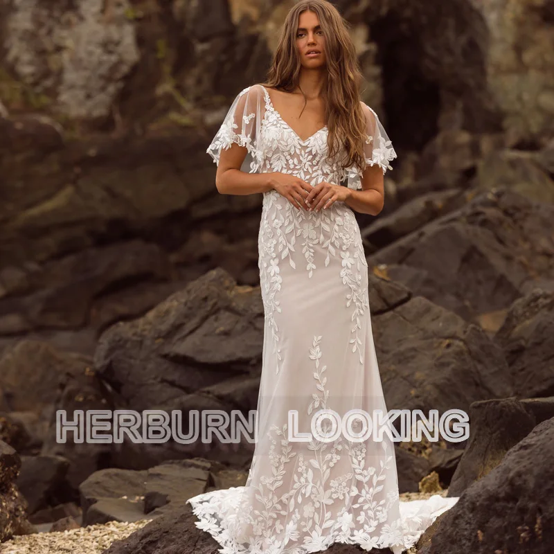 

HERBURNL Customized Dress Backless Tulle Wedding Gown 2022 A-line Floor-length Lace Appliques Robe De Mariée Vestido