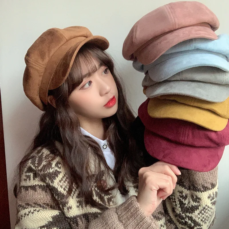 

Hats for women Winter Retro Newsboy Cap Ladies Octagonal Solid Plain Suede Beret Hat Vintage Artist Painter Hat Women Cute Beret