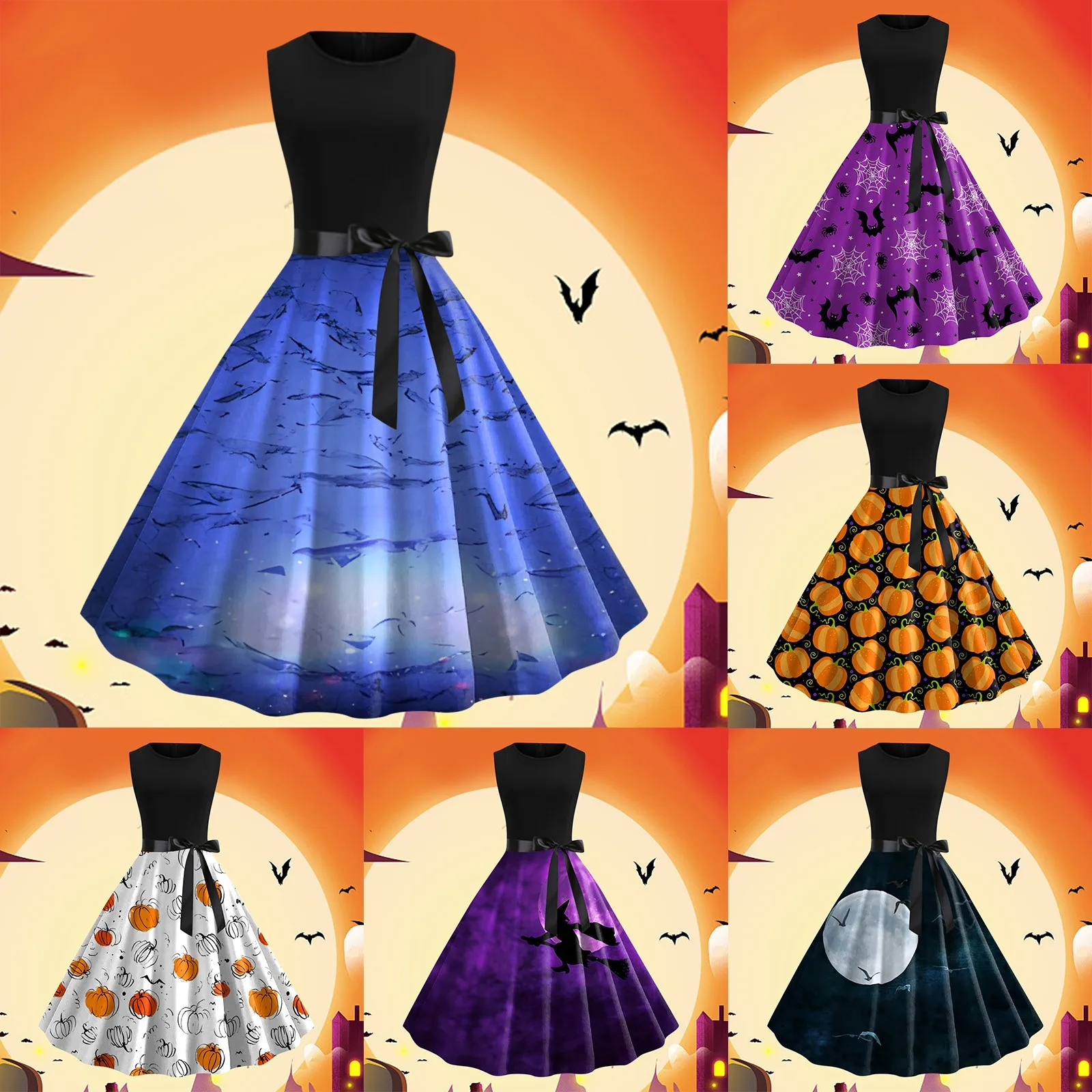 

Women's Round Neck Sleeveless Printed Vintage Swing Dress Cocktail Prom Party Dress Halloween Womens Dresses for Summer Casual