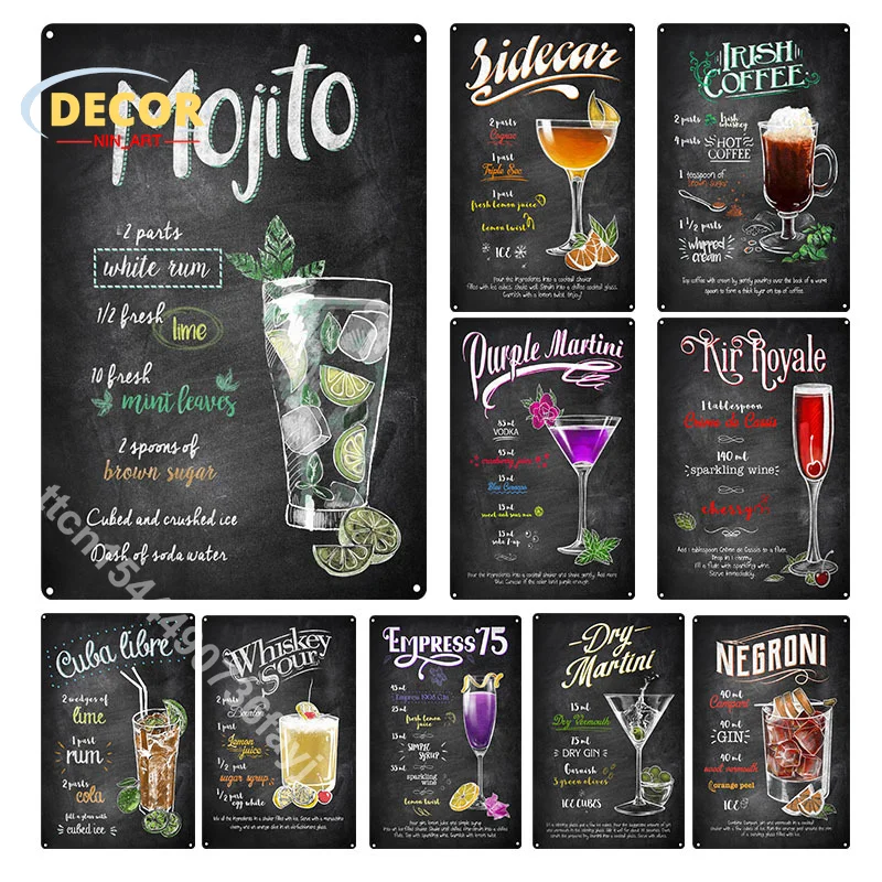 

Retro Drink Metal Tin Sign Poster for Mojito Irish Coffee Kir Royale Whiskey Painting Picture Wall Art Aesthetic Decoration