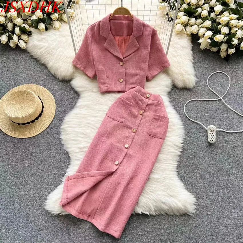 Conjunto de dos piezas de falda de flores rosas Vintage para mujer, traje de dos piezas con bolsillos de solapa y estampado Floral, camisas + minifaldas de cintura alta