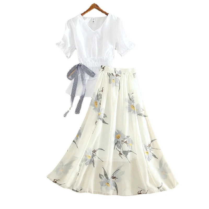 

Women's Shirt Long Dress Two Piece Suit Summer Foreign Style High Waist A-line Skirts Sets Korean Fashion School Casual Clothes