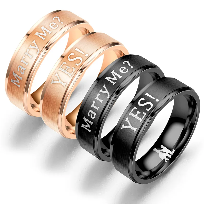 

BAECYT New Fashion Couple Rings Engraving Marry Me, YES Couples Ring Stainless Steel Black Rose Ring For Women Men Wedding Rings