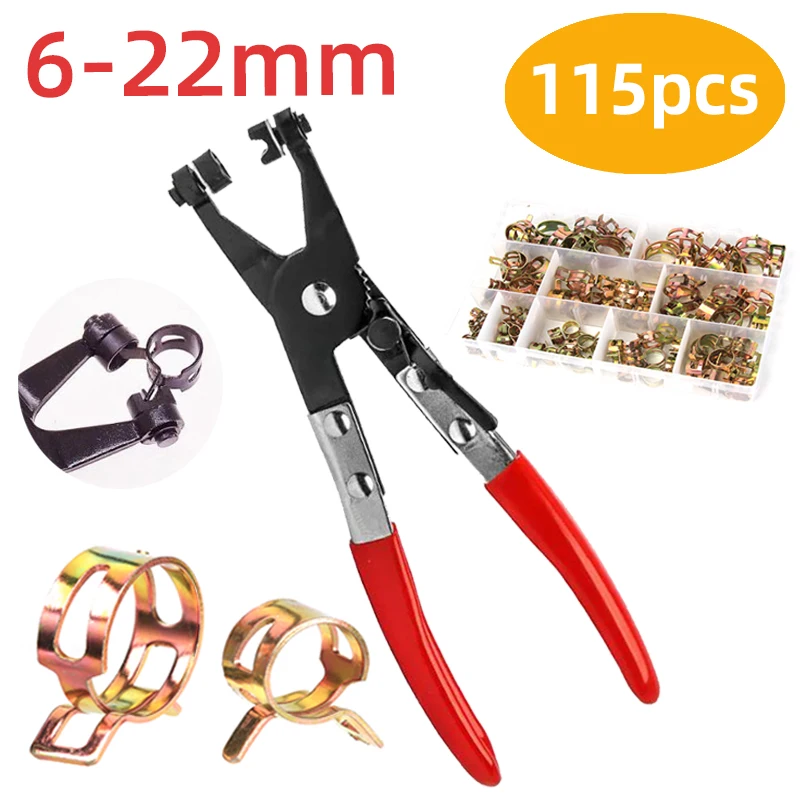 

115 Pcs Spring Hose Clamps 6-22mm Zinc Plated Fuel Oil Spring Clamp and Car Water Hose Pliers Metal Tools Assortment Kit