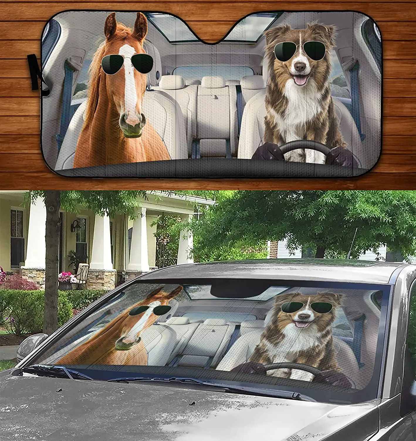 

Horse and Australian Shepherd Driving Car Sunshade with Glasses, Australian Shepherd Mom Car Windshield Durable Visor
