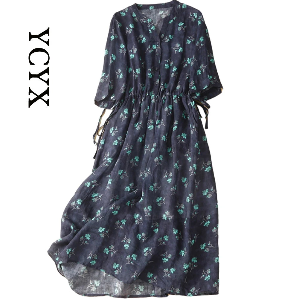 

YCYX Printed Dress Women's Sundress Casual Summer Long Vestido Female V Neck Party Robe Femme Linen Dress YCYX064