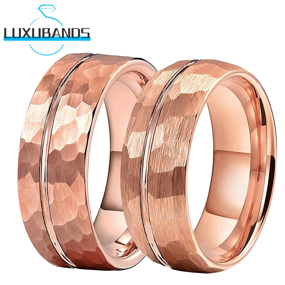 

Black Tungsten Wedding Ring For Men Women Rose Gold-Color Hammered Flat Domed Band Offset Grooved Brushed Finish Comfort Fit