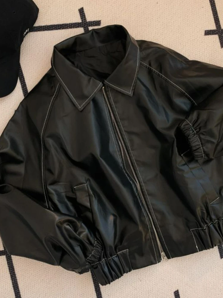 Cropped Moto Biker Zipper Leather Jackes Women 2022 Winter Black Loose Korean Fashion Jackets Ladies Outerwear Vintage Chic Coat