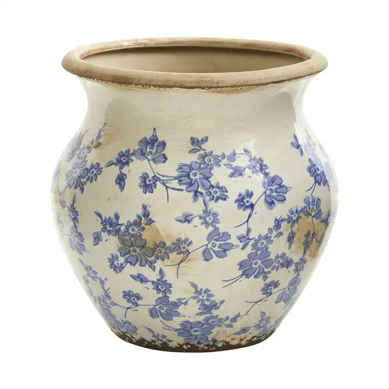 

Green 10.5" Traditional Tuscan Ceramic Blue Scroll Urn Vase