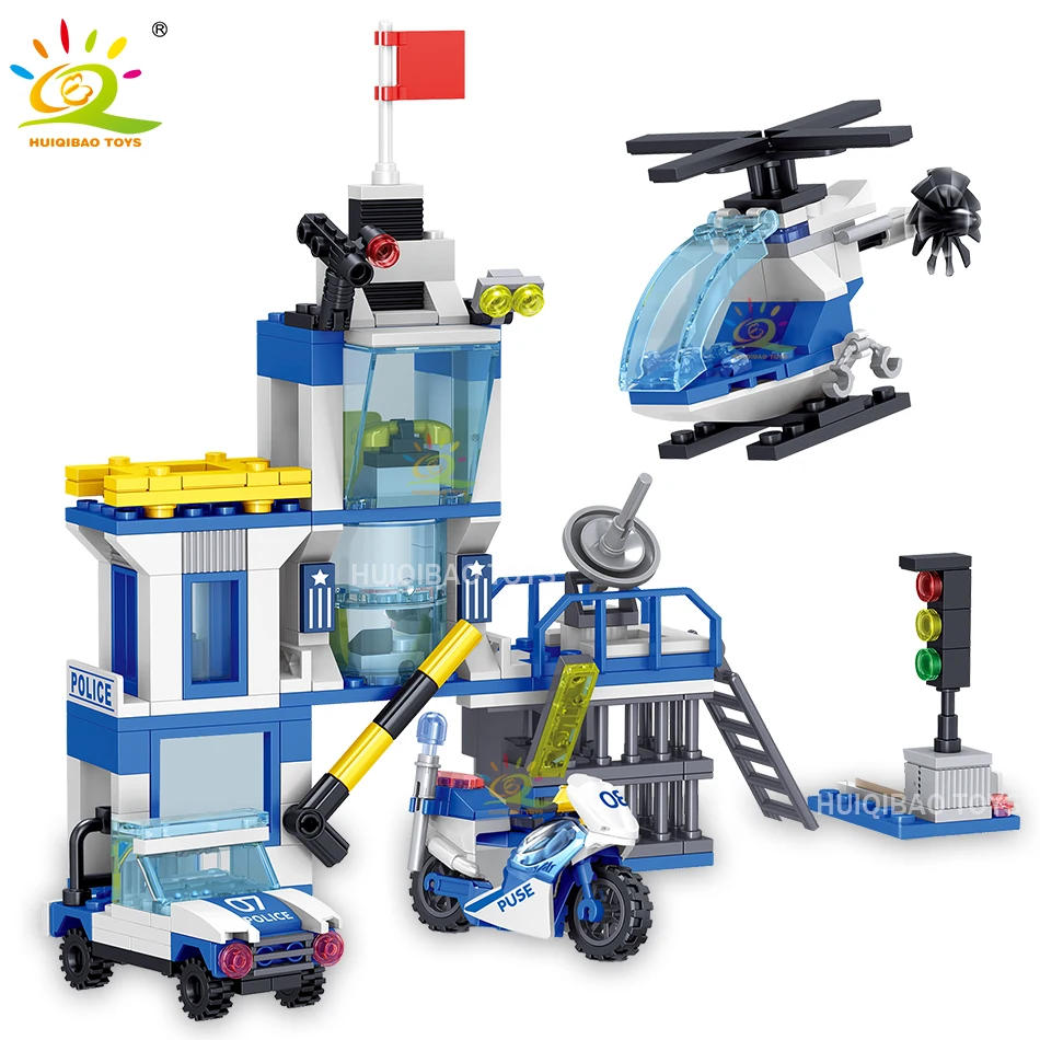 

HUIQIBAO 8IN1 City Police Station Building Blocks Prison Helicopter Moto Car Policemen Construction Bricks Toys for Children Boy