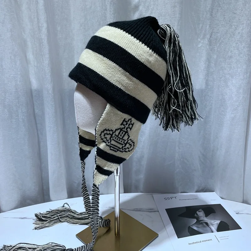 

Autumn Winter Hand Knitted Ear Protection Bomber Hat Men Women Wool Warm Outdoor Ski Knit Beanie Gorro Russian Hat